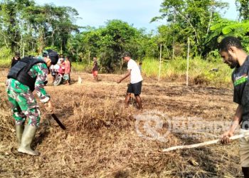 Satgas Yonif 310/KK Bersihkan Lahan Tidur, Bangun Sarana Olahraga Di Perbatasan