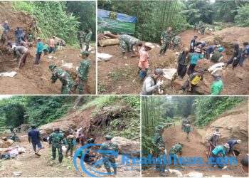 Karya Bakti TNI Kegiatan Pembenahan/Perbaikan Saluran Irigasi di Desa Cimanggu dari Kodim 0607/Kota Sukabumi Kerjasama dengan Kementan RI